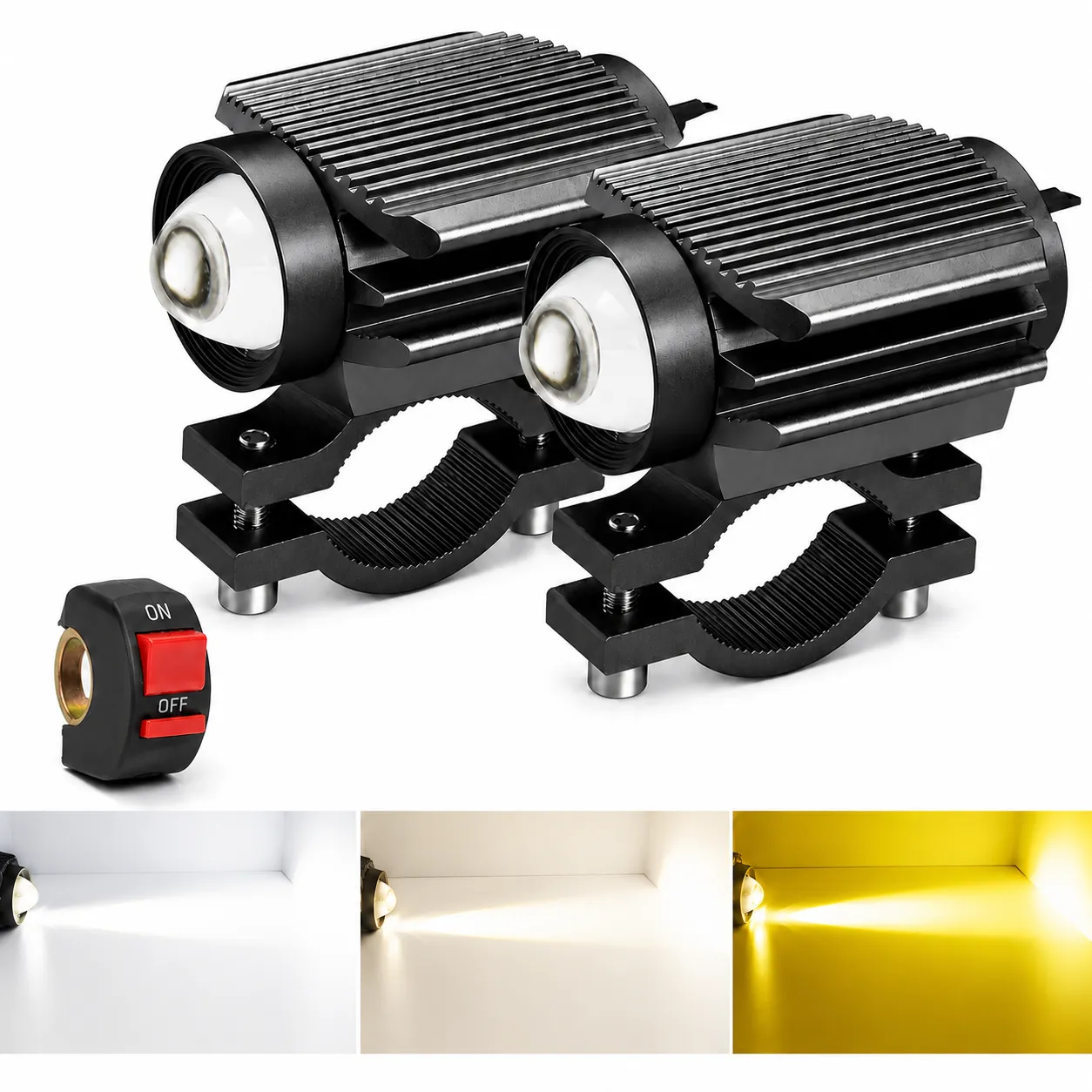 Faro LED para moto tipo láser con lupa y base para manubrio con switch (blanco/ámbar)