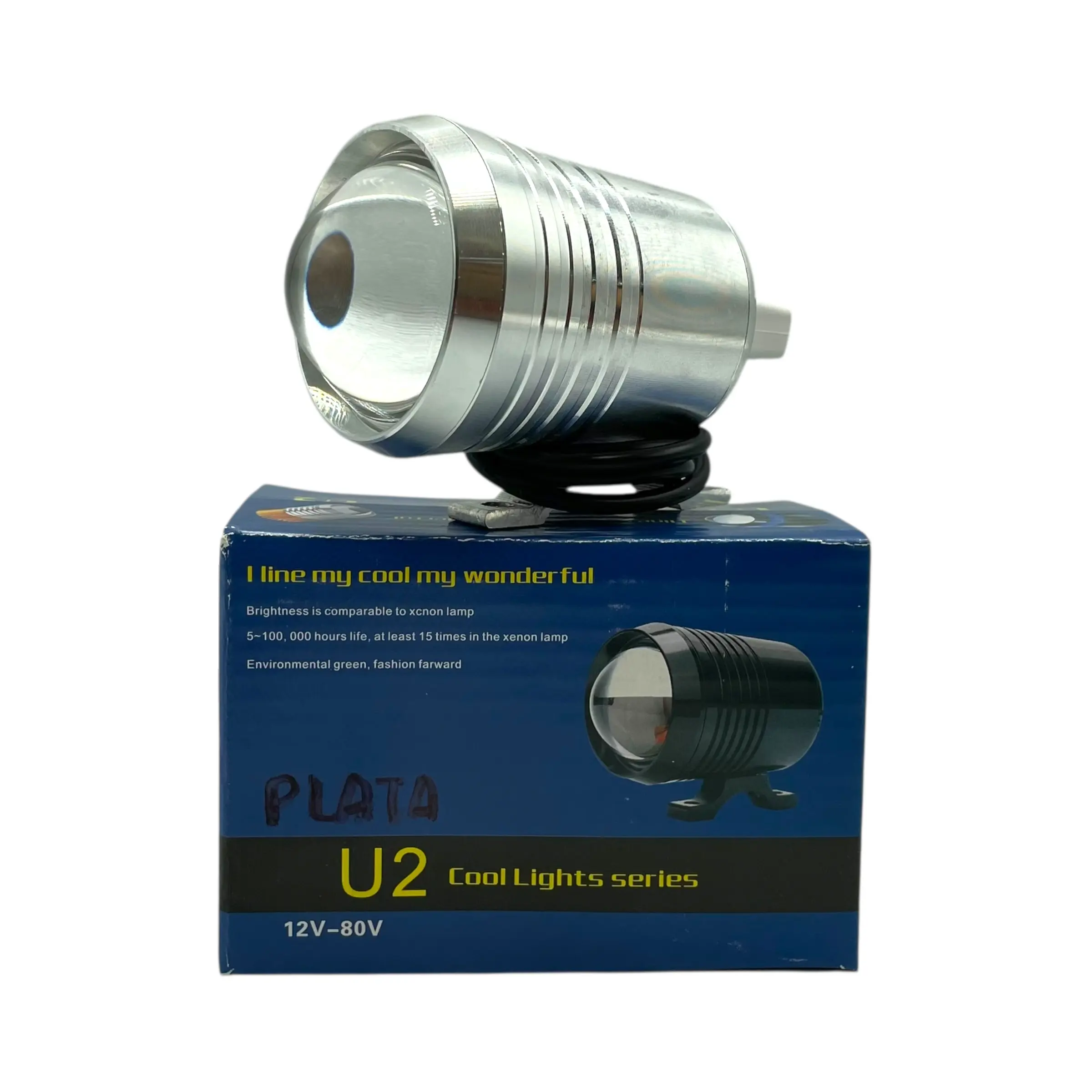 Faro LED de lupa para moto con base carcaza de colores — Plata