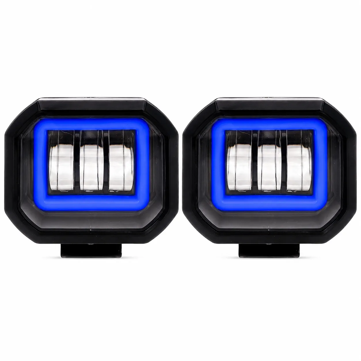 Faro de LED azul cuadrado con 3 lupas y arillo de gel