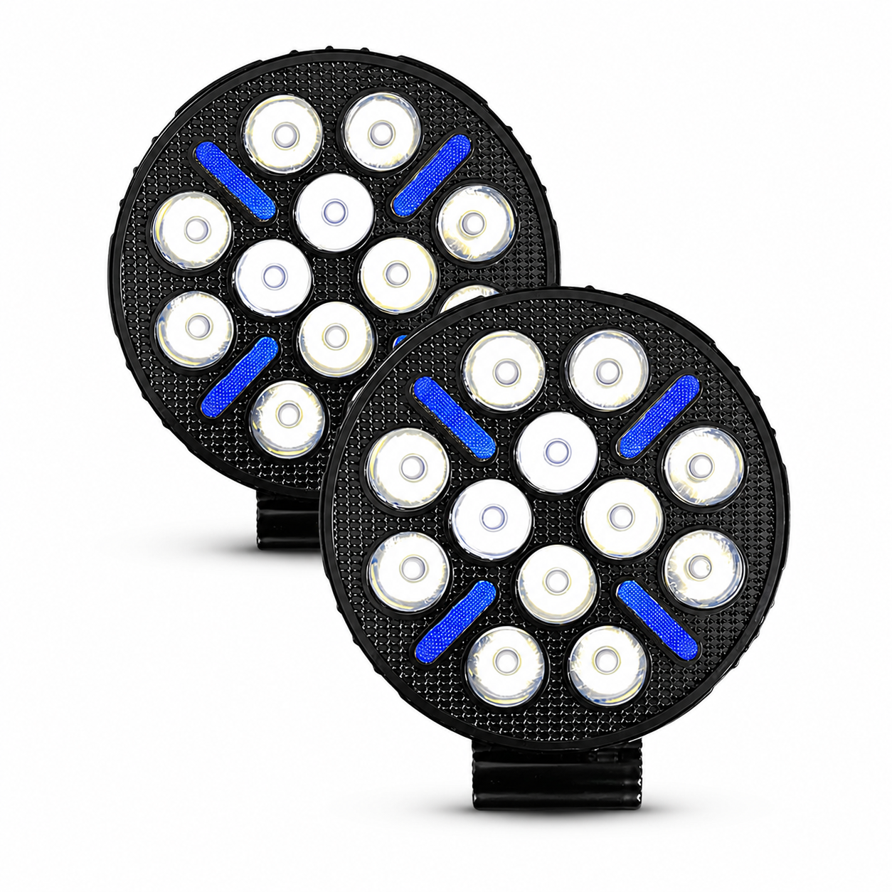 Faro LED redondo con luz blanca y detalles azules