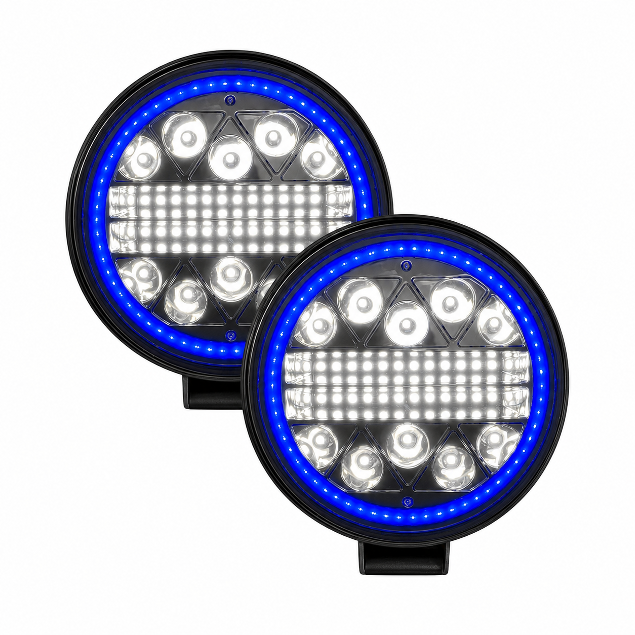 Faro LED redondo con aro azul y luz blanca de alta potencia