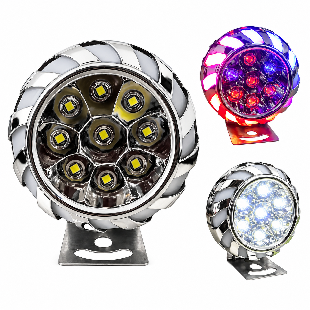 Faro LED rgb para moto con 9 LED y carcasa plata