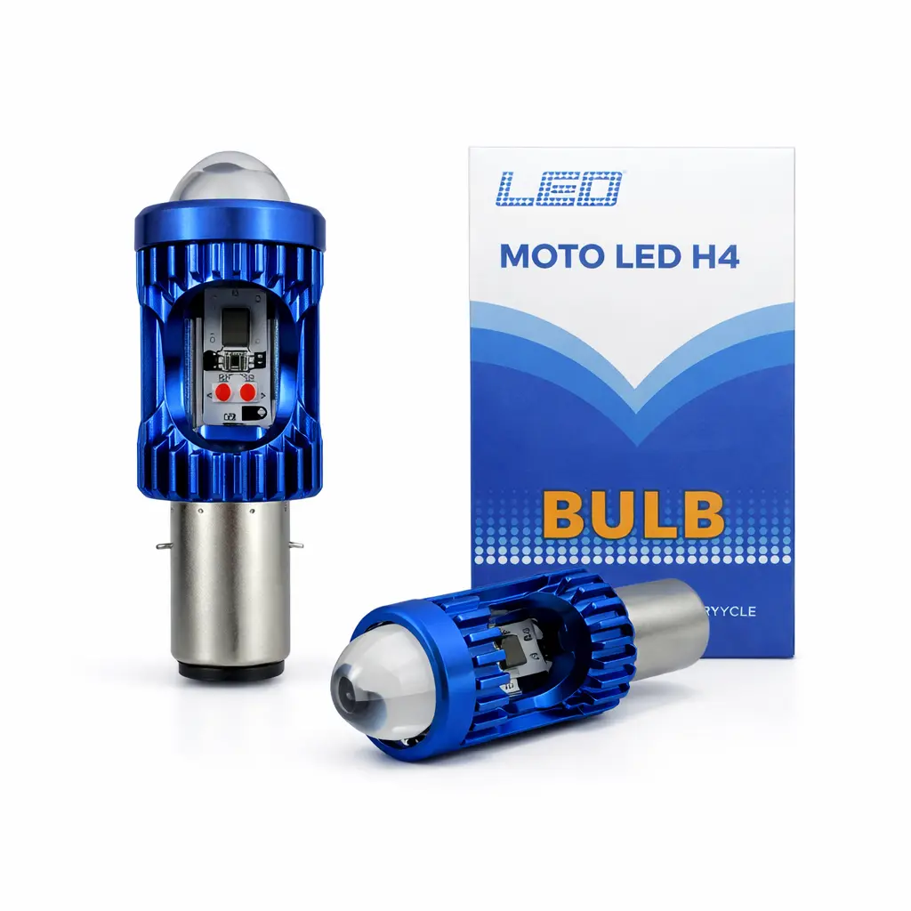 Foco LED BA20D cuerpo azul con lupa bicolor y cuartos rojo/azul