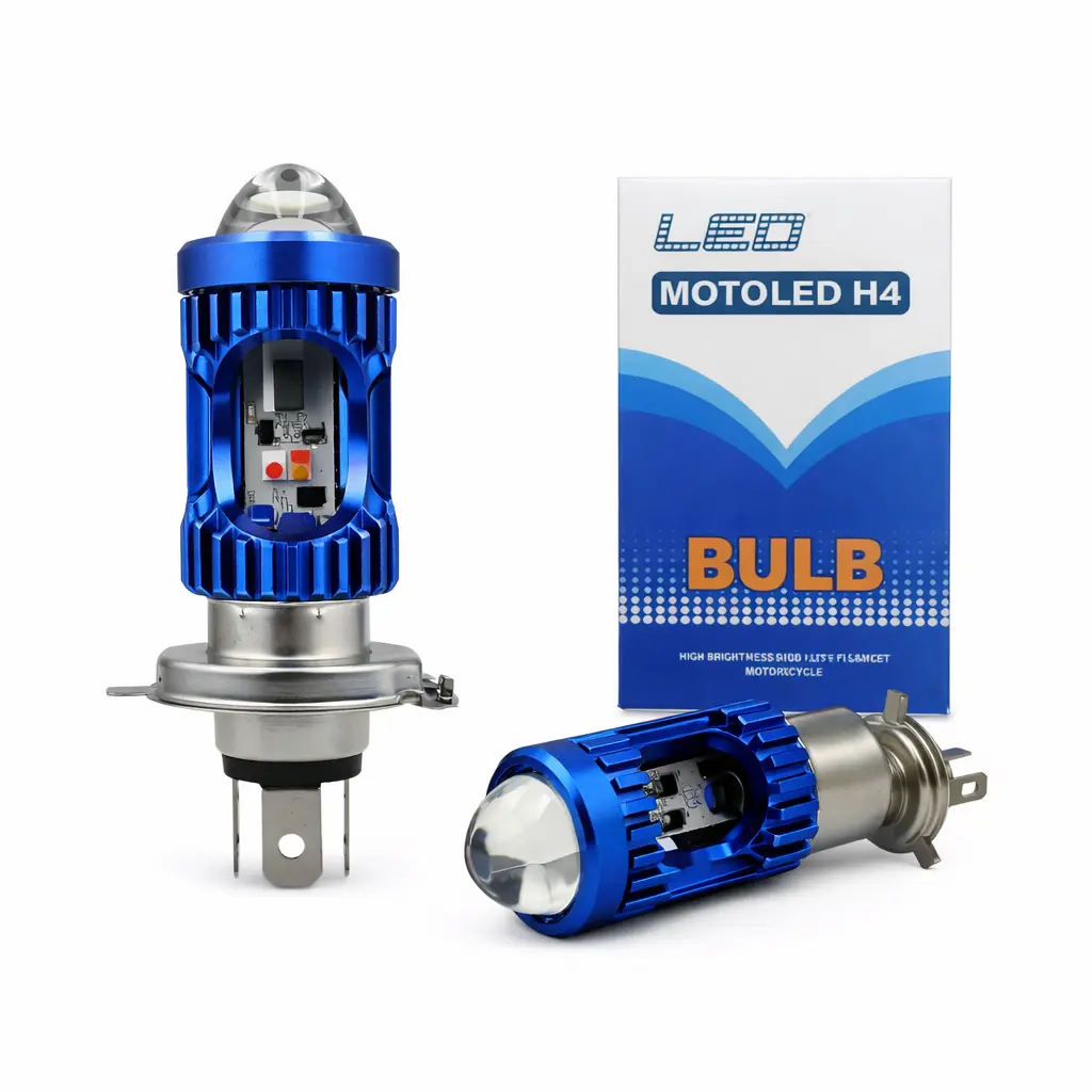 Foco LED H4 cuerpo azul con lupa bicolor y cuartos rojo/azul