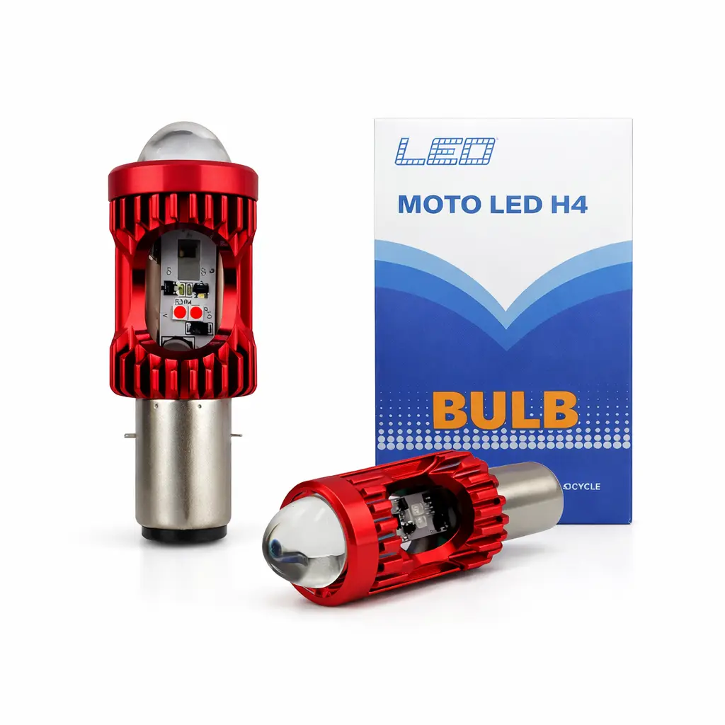 Foco LED BA20D cuerpo rojo con lupa bicolor y cuartos rojo/azul