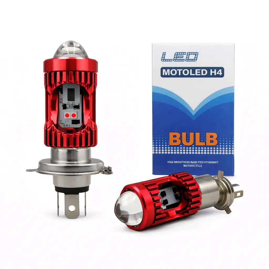 Foco LED H4 cuerpo rojo con lupa bicolor y cuartos rojo/azul