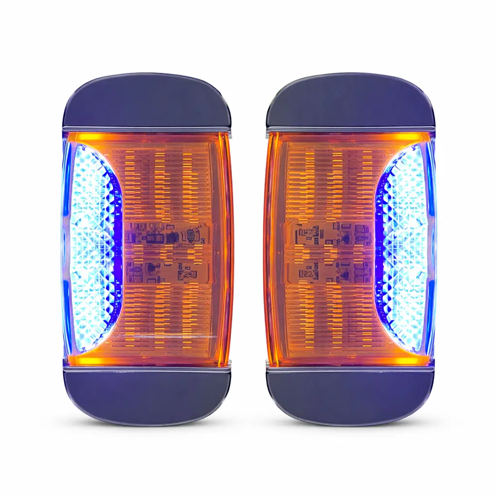 Plafón ámbar con borde cromado y luz direccional de color azul