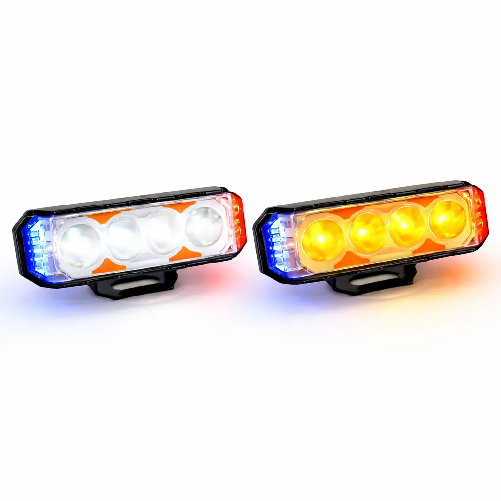 [RS-LED-13183YW-RBU] Faro rectangular LED con 4 lupas bicolor y cuarto patrulla