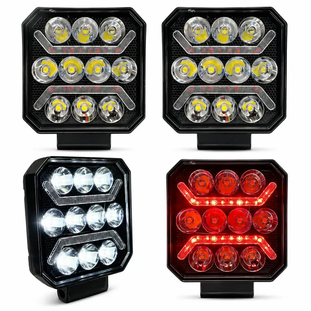 Faro LED cuadrado multi-lente con DRL en rojo