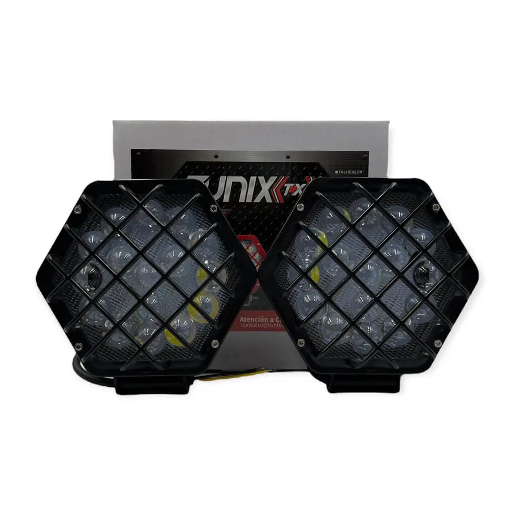 Faro rojo hexagonal con lupa y reja