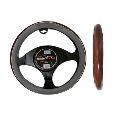 Funda cubre volante gris con acabado tipo madera y cromo