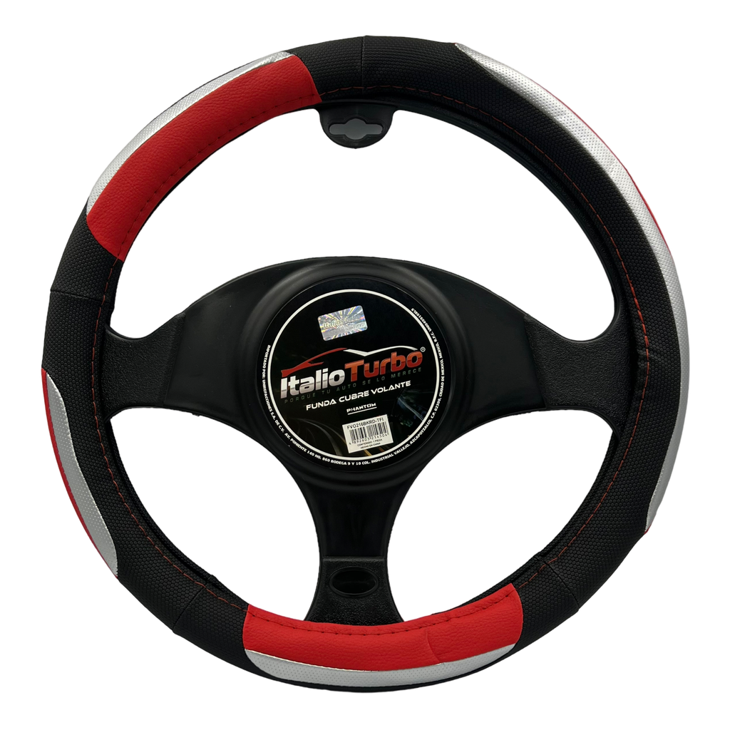 Funda cubre volante con detalles rojos y tipo fibra