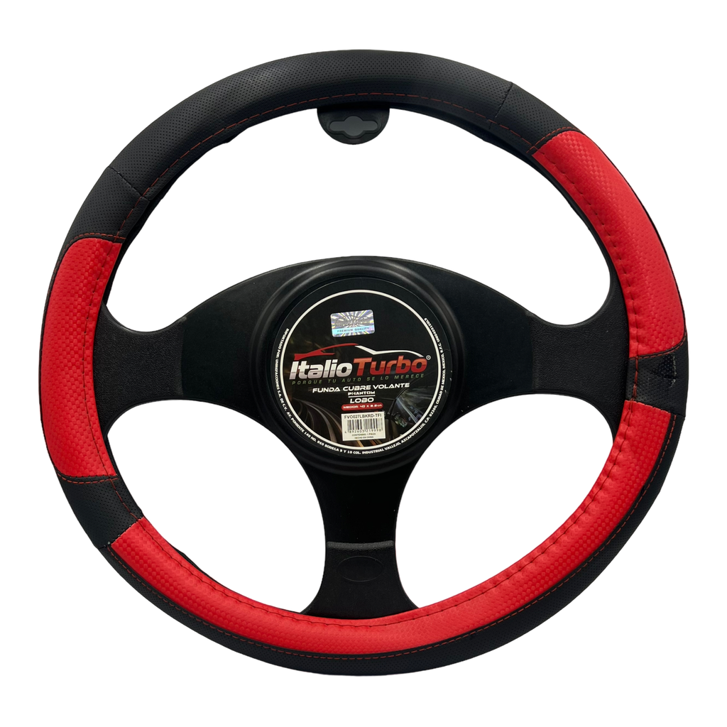 [FVO027LBKRD] Funda cubrevolante para camioneta de vinipiel con detalle rojo