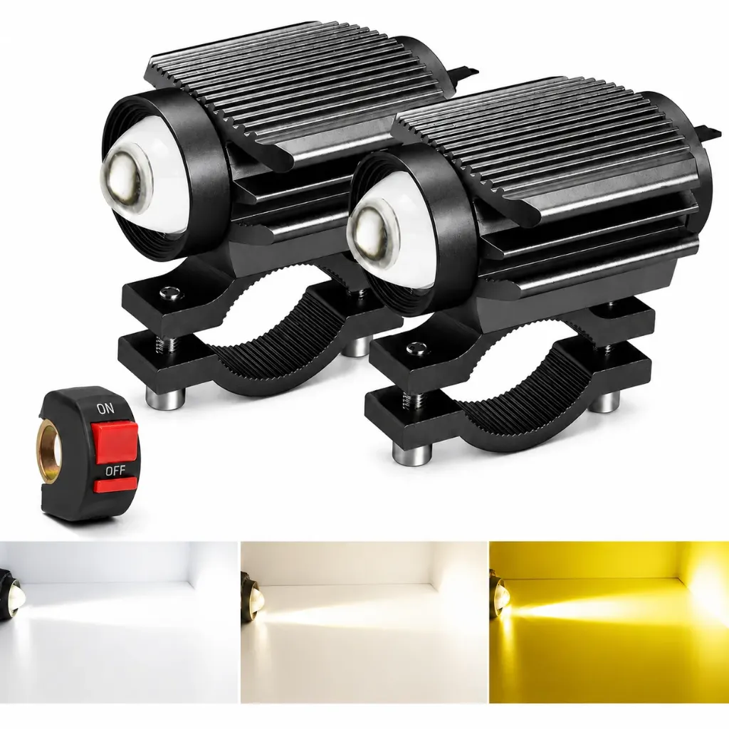 Faro LED para moto tipo láser con lupa y base para manubrio con switch (blanco/ámbar)