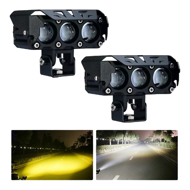 Faro LED para motocicleta tipo láser blanco/ámbar con 3 lupas