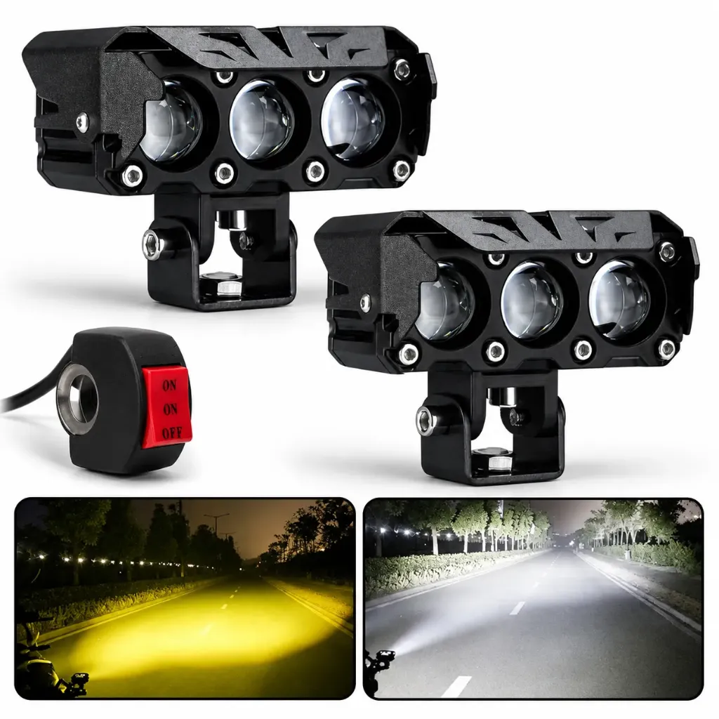 Faro LED para motocicleta tipo láser con 3 lupas y swicht blanco/ámbar