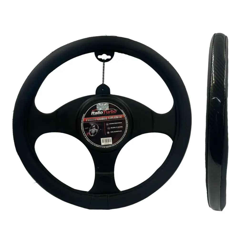 Funda cubrevolante para camioneta de piel con detalle tipo fibra de carbono