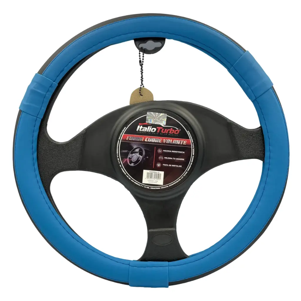 Funda cubrevolante de vinipiel color negro con detalle azul