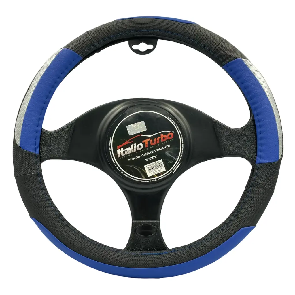 Funda cubrevolante de vinipiel color negro con detalle azul y gris