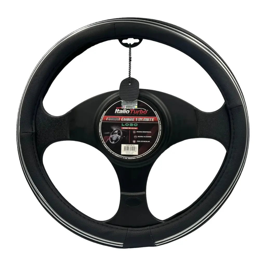 [FVO227LBK] Cubrevolante de vinipiel para camioneta con tira cromo