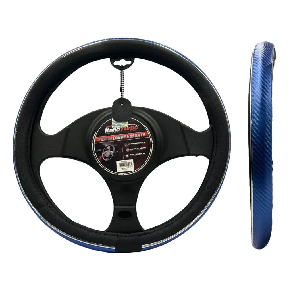 Funda cubrevolante de vinipiel tipo fibra de carbono en azul