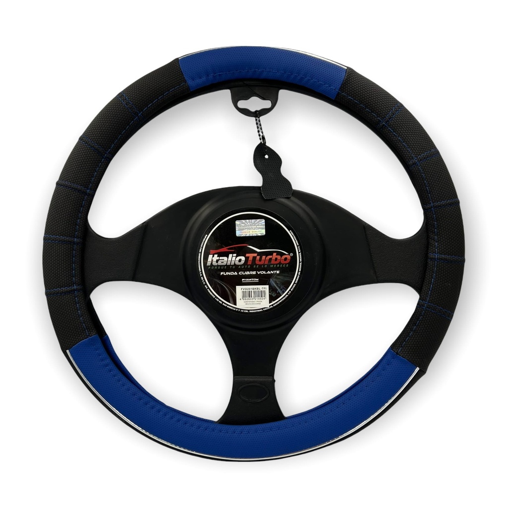 Funda cubrevolante de vinipiel azul con cromo