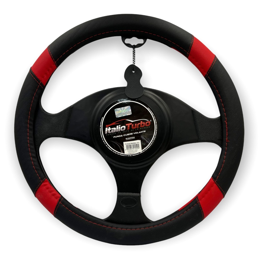 Funda cubrevolante de vinipiel negro con detalles en rojo