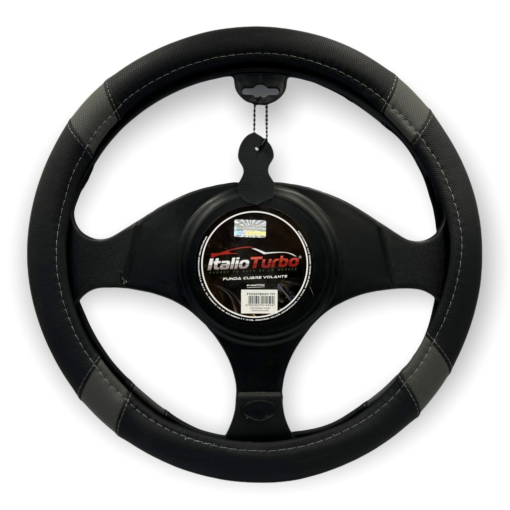 Funda cubrevolante de vinipiel negro con detalles en gris