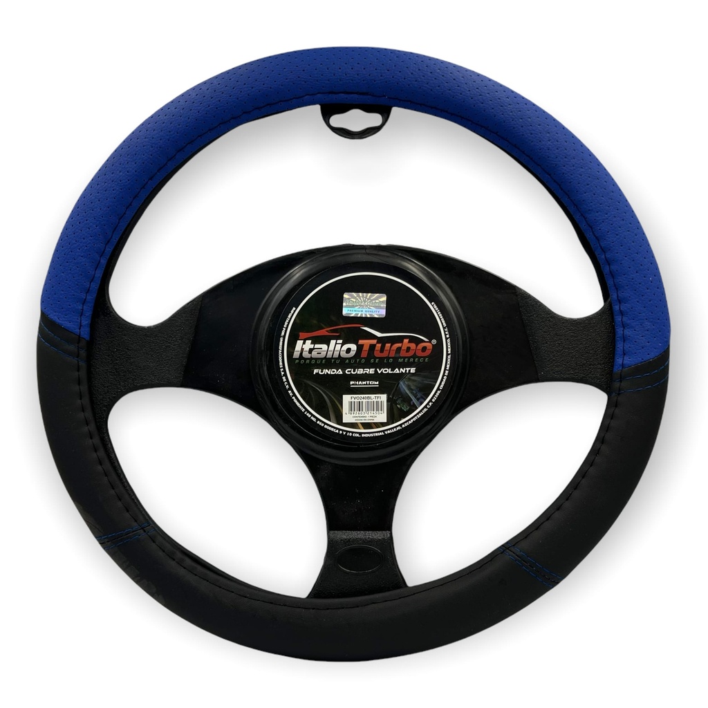 Funda cubrevolante de vinipiel negro con detalle azul