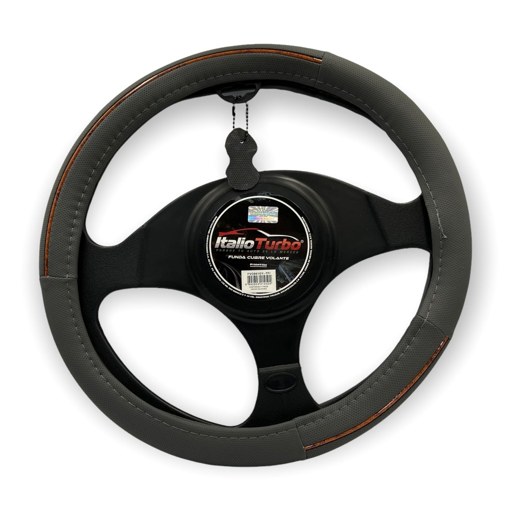 Funda cubrevolante de vinipiel gris con tira acabado madera