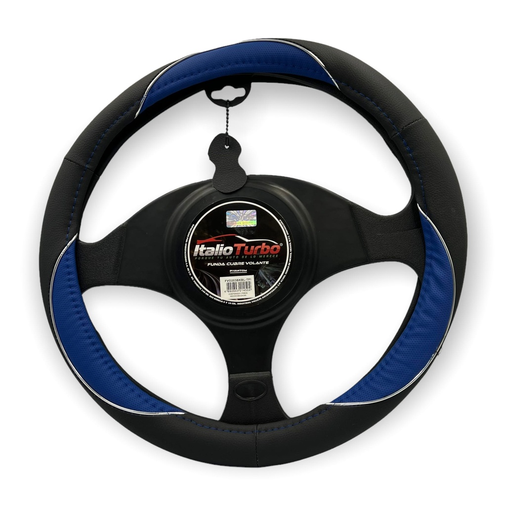 Funda cubrevolante de vinipiel negro con detalles azul y cromo