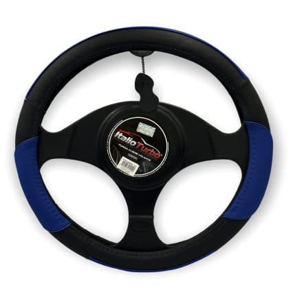 Funda cubrevolante de vinipiel negro con detalles en azul