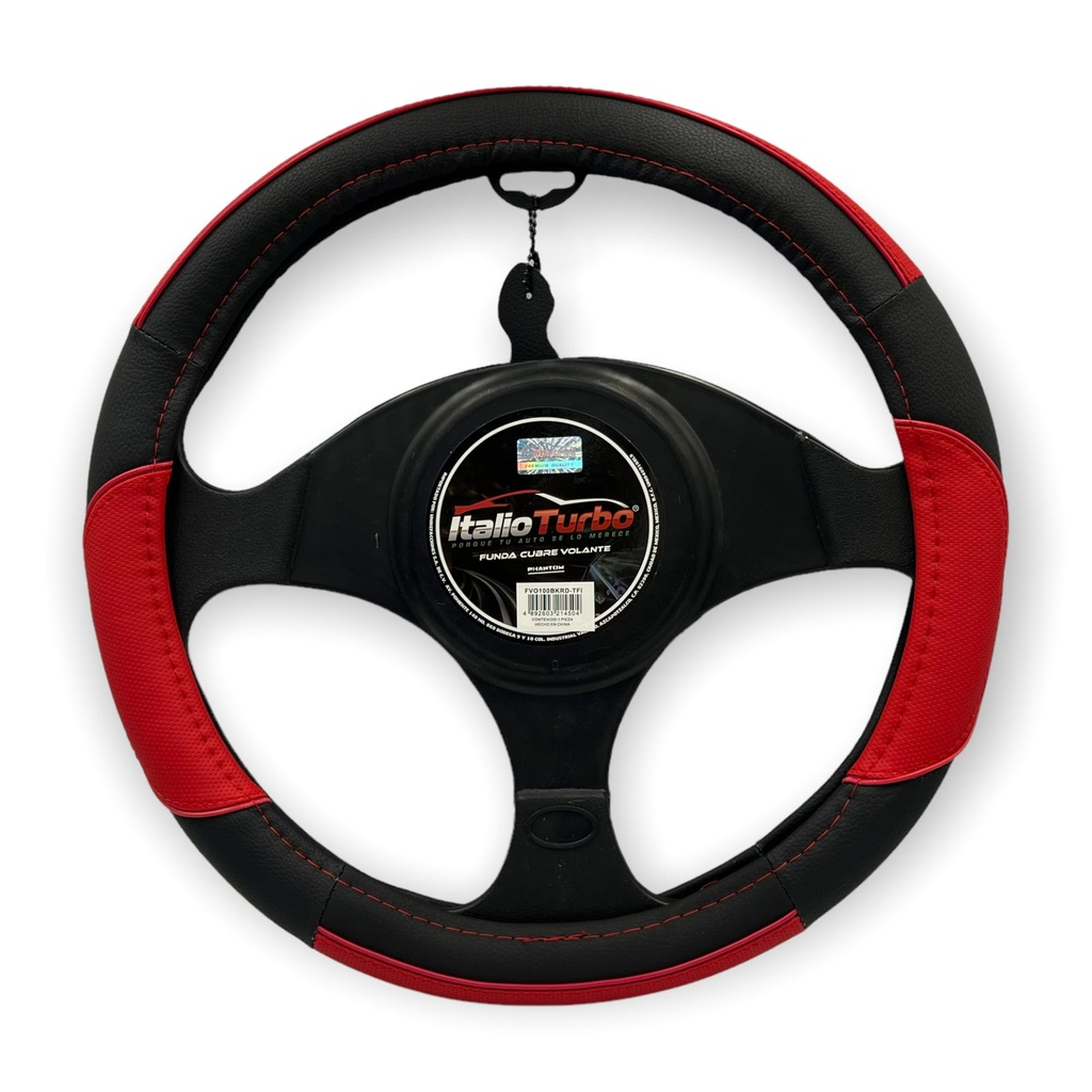 Funda cubrevolante de vinipiel negro con detalles y costuras en rojo