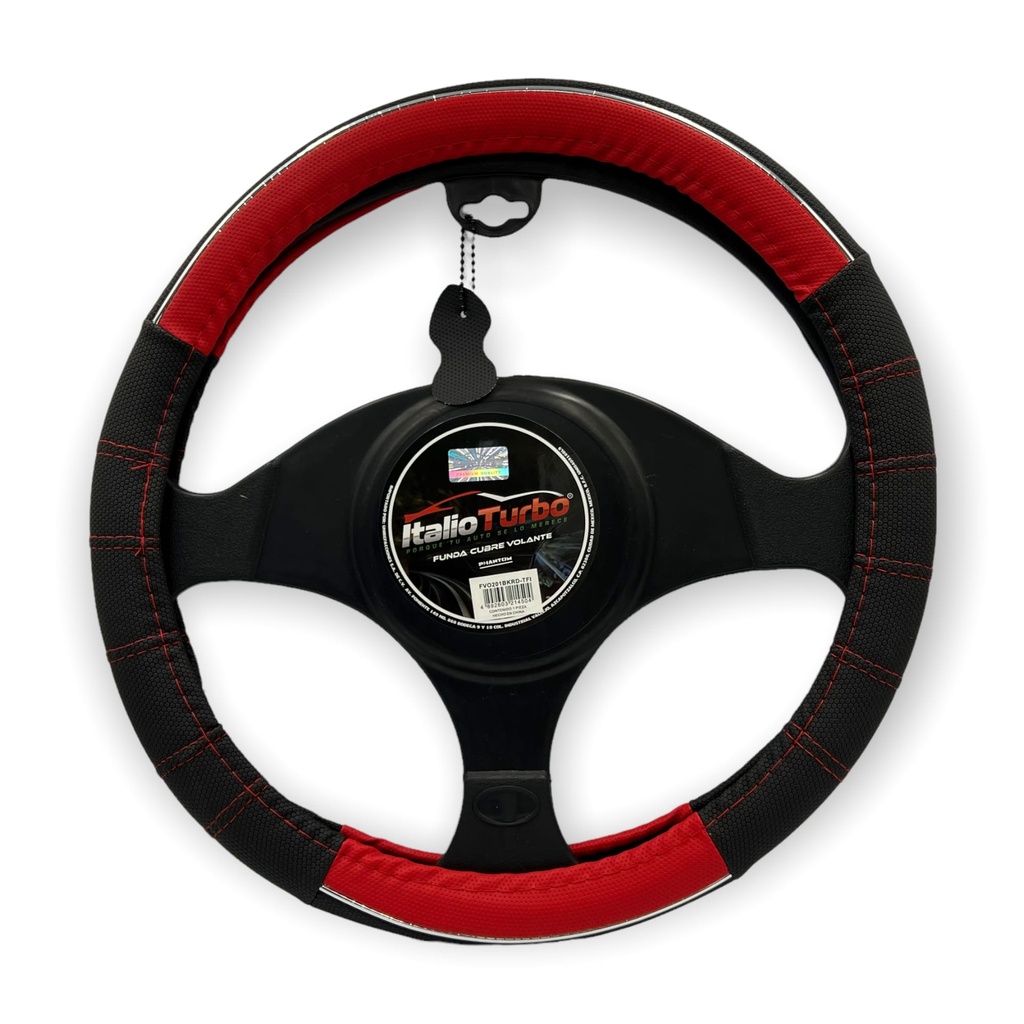 [FVO201BKRD] Funda cubrevolante de vinipiel rojo con tira cromo