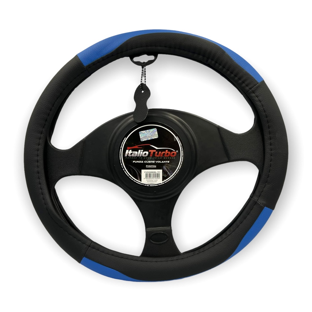 Funda cubrevolante de vinipiel negro con detalles azul