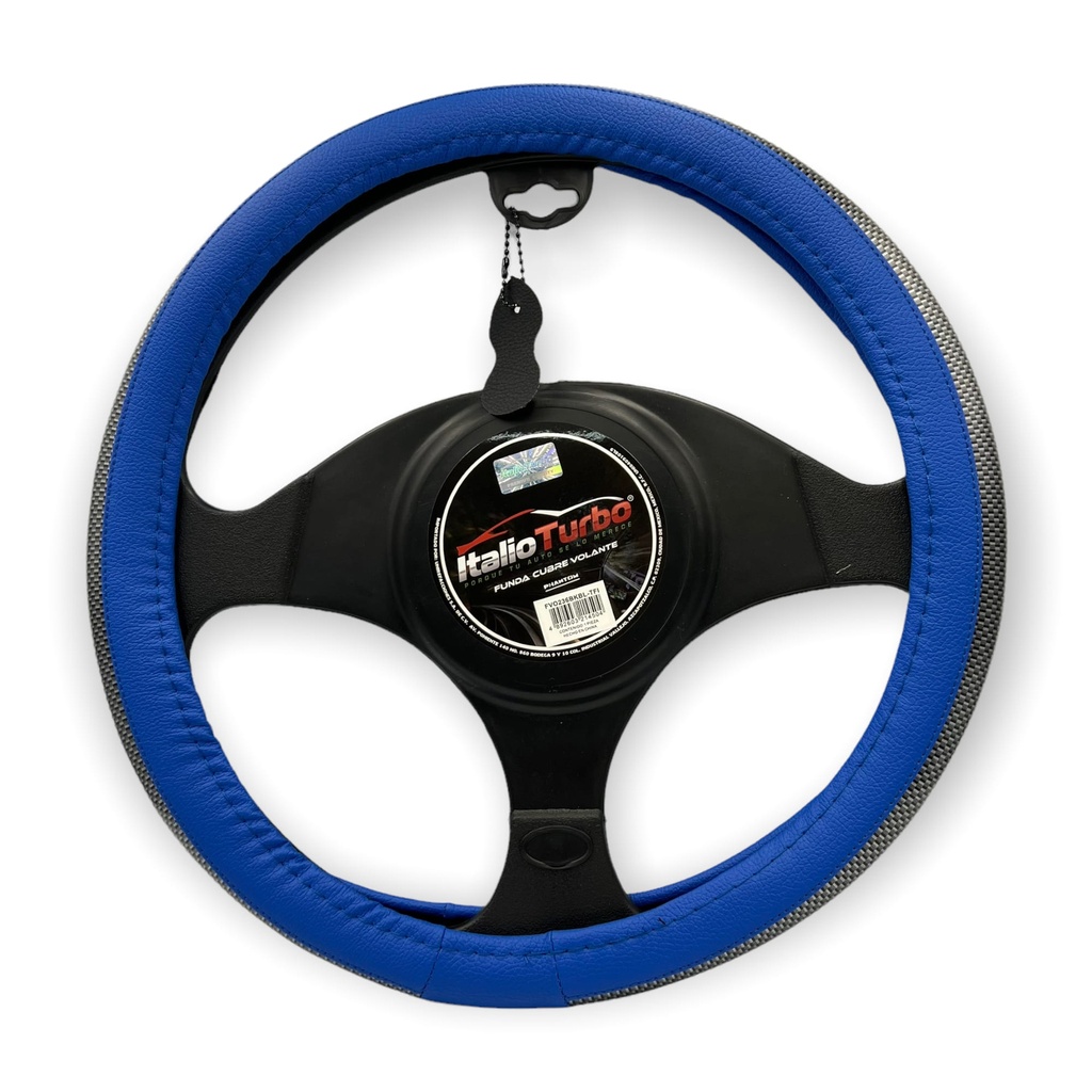 Funda cubrevolante de vinipiel azul con acabado tipo fibra de carbono