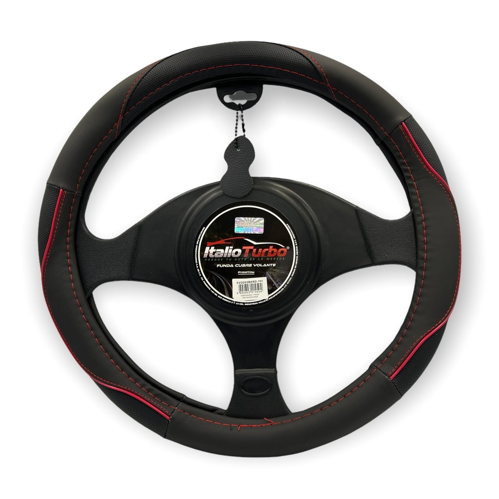 Funda cubrevolante de vinipiel negro con tira rojo