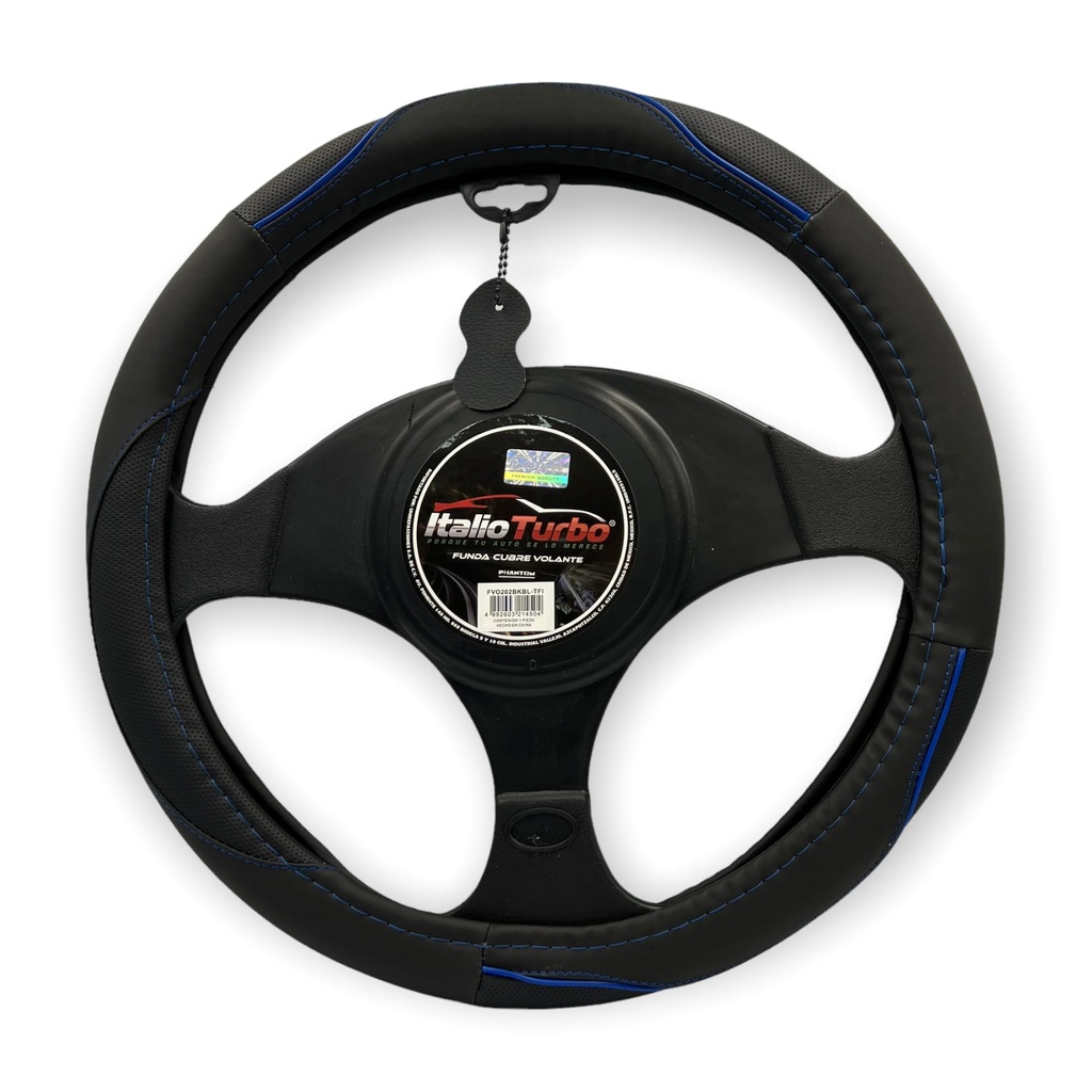 Funda cubrevolante de vinipiel negro con tira azul