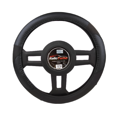 [FVO027LBK-TFI] Funda cubrevolante de vinipiel para camioneta color negro con detalles tipo fibra