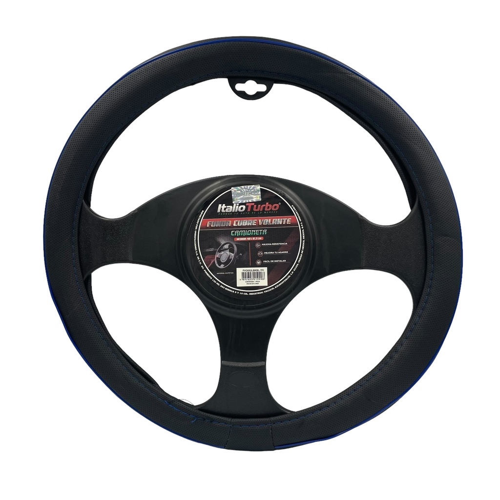 [FVO052LBKBL] Funda cubrevolante de vinipiel con detalle azul para camioneta