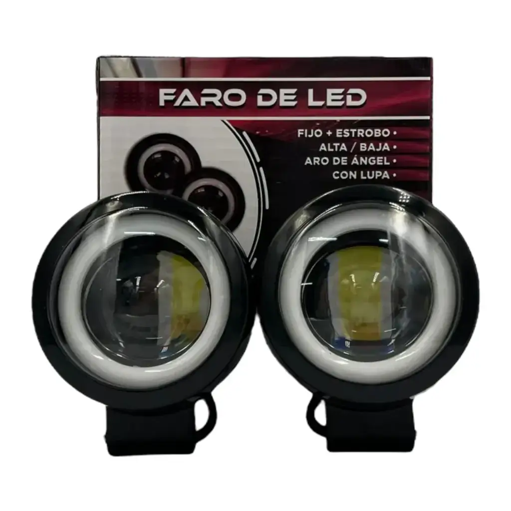 Faro LED redondo con lupas, bicolor (blanco/ámbar) y arillo de gel

