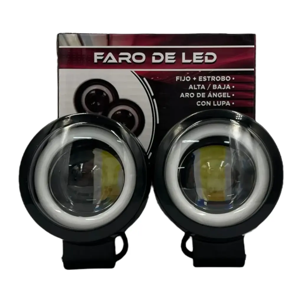 Faro LED redondo con lupas, bicolor (blanco/ámbar) y arillo de gel
