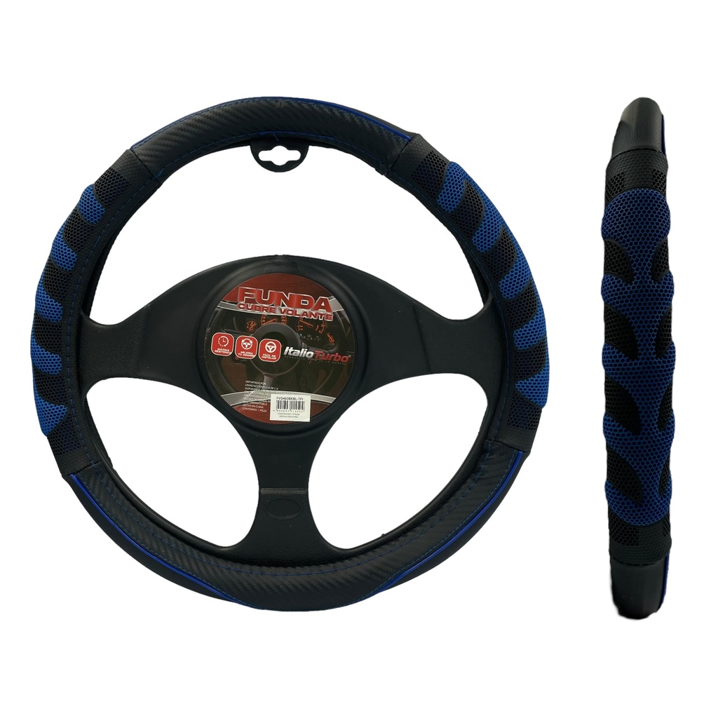 Funda cubrevolante de vinipiel con acabados tipo fibra y anti deslizante negro con azul