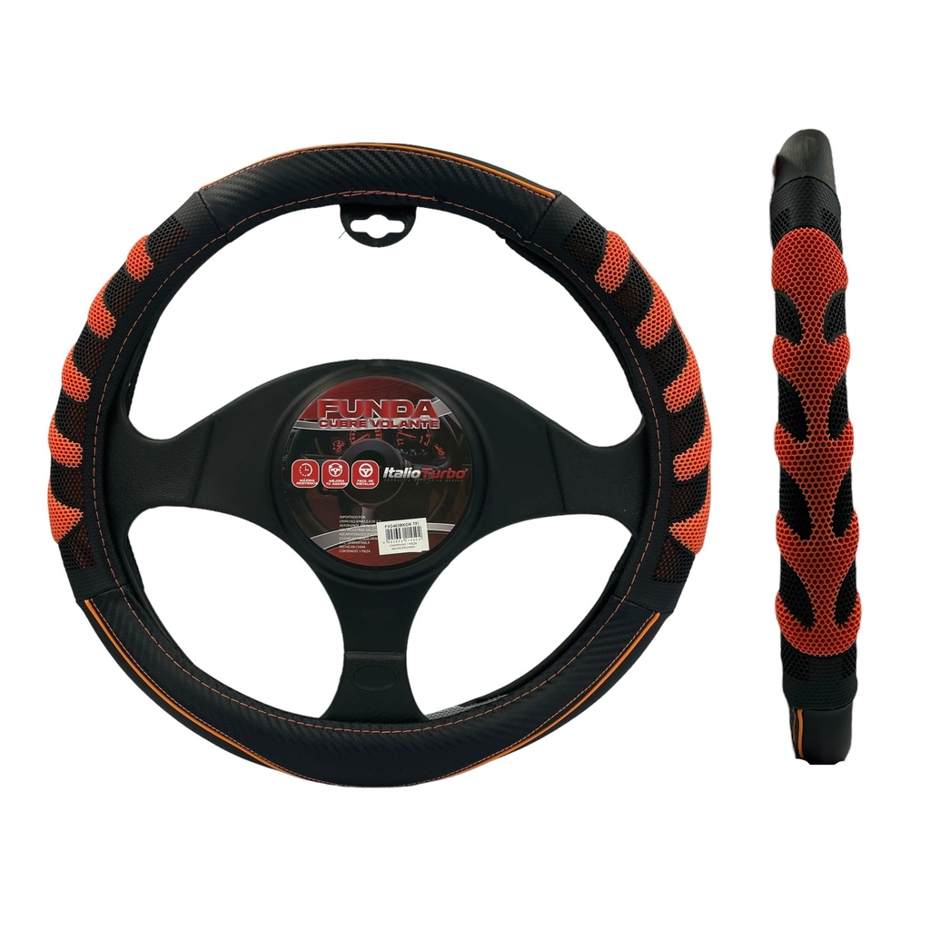 Funda cubrevolante de vinipiel con acabados tipo fibra y anti deslizante negro con naranja