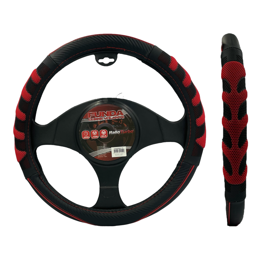 Funda cubrevolante de vinipiel con acabados tipo fibra y anti deslizante negro con rojo