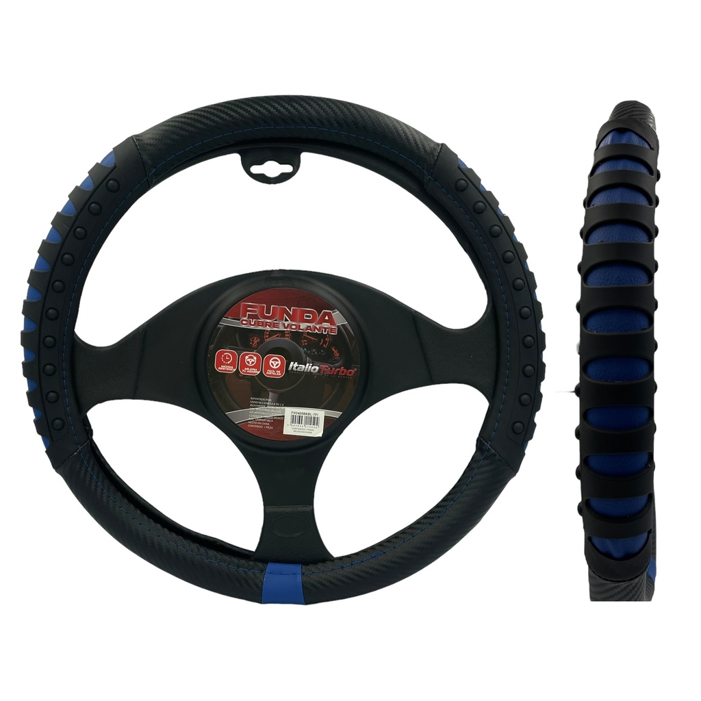 Funda cubrevolante con acabados tipo fibra y con agarre de goma negro con azul