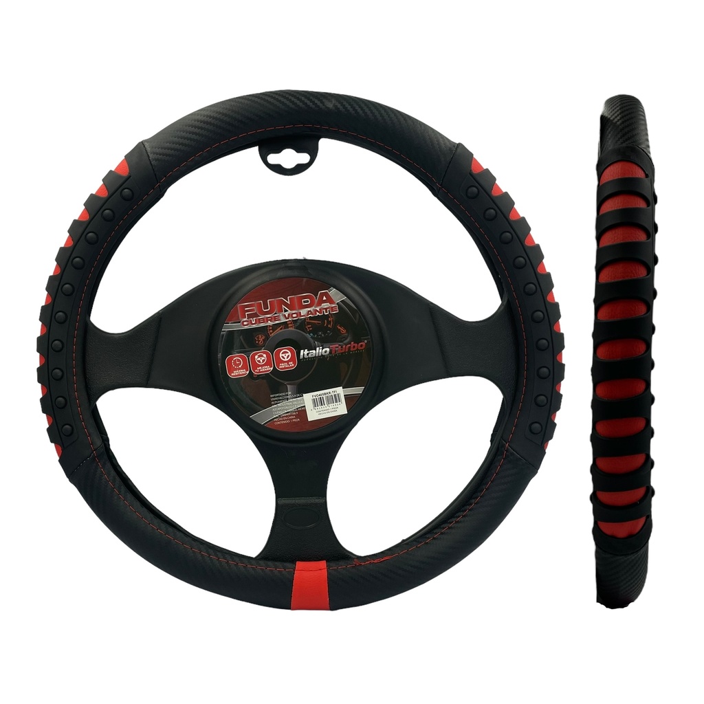 Funda cubrevolante con acabados tipo fibra y con agarre de goma negro con rojo