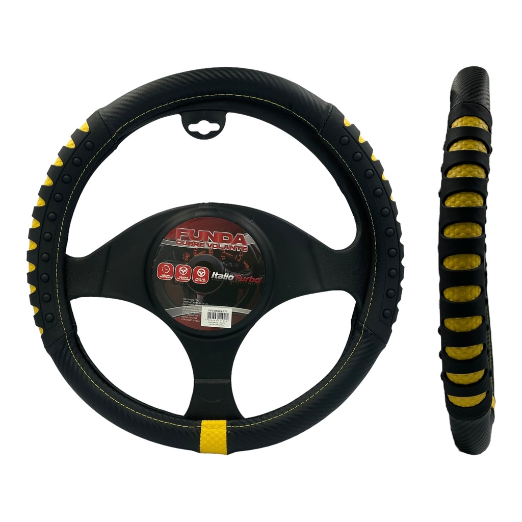Funda cubrevolante con acabados tipo fibra y con agarre de goma negro con amarillo