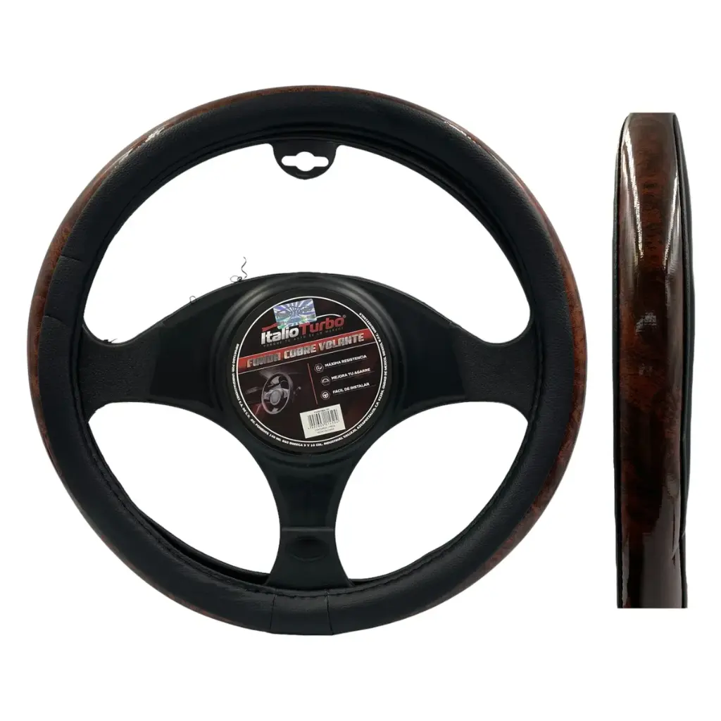 Funda cubrevolante de vinipiel negro con detalles madera