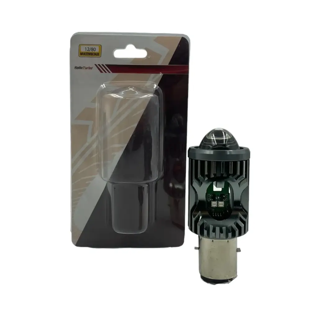 Foco LED con lupa para motocicleta de media vuelta con funciones bicolor, azul y roja